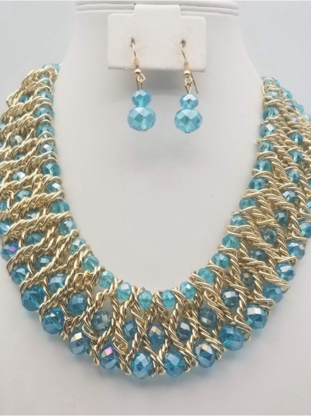 Gold-Tone Aqua Crystal Statement Necklace & Earrings Set